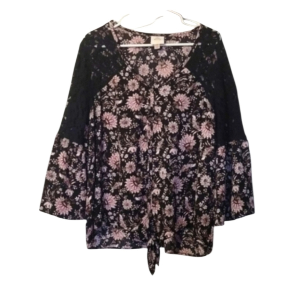 Knox Rose Black Pale Lace Floral Bell Sleeve Blouse Size XXL